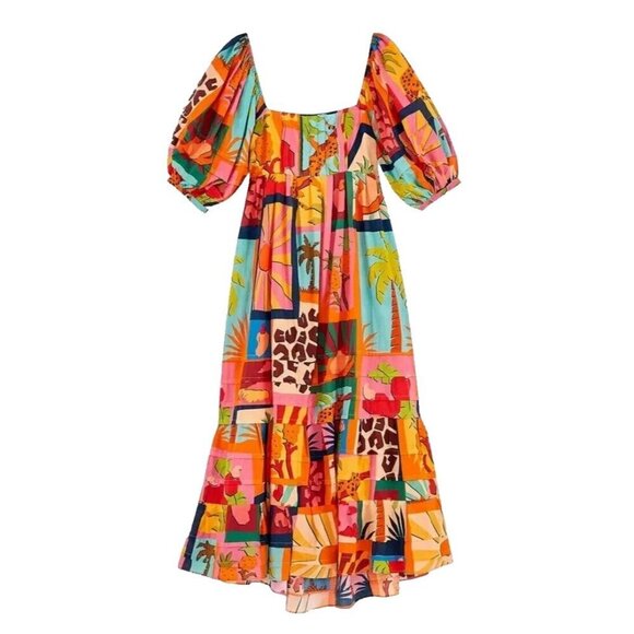 NWT FARM Rio Tropical Collage Midi Square Neck Fit & Flare Dress L $225